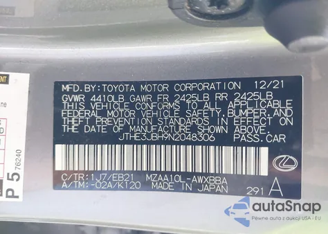 2022 Lexus Ux 200 F Sport из США, поврежденный, VIN JTHE3JBH9N2048306